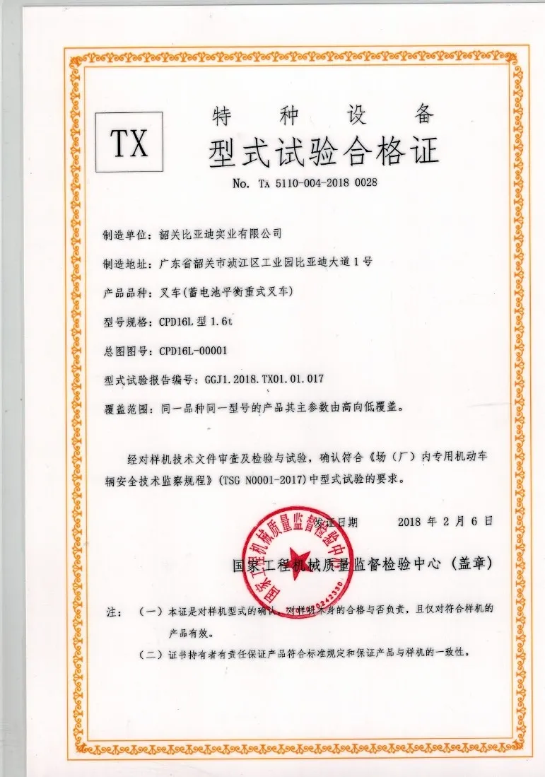 Сертификат испытания типа CPD16L 1.6t