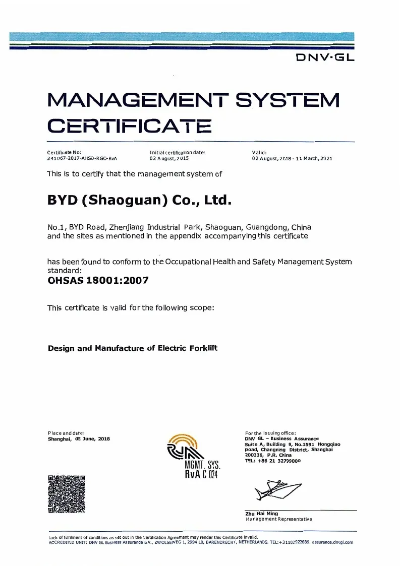 Сертификат системы менеджмента качества - OHSAS18001: 2007 (английский)